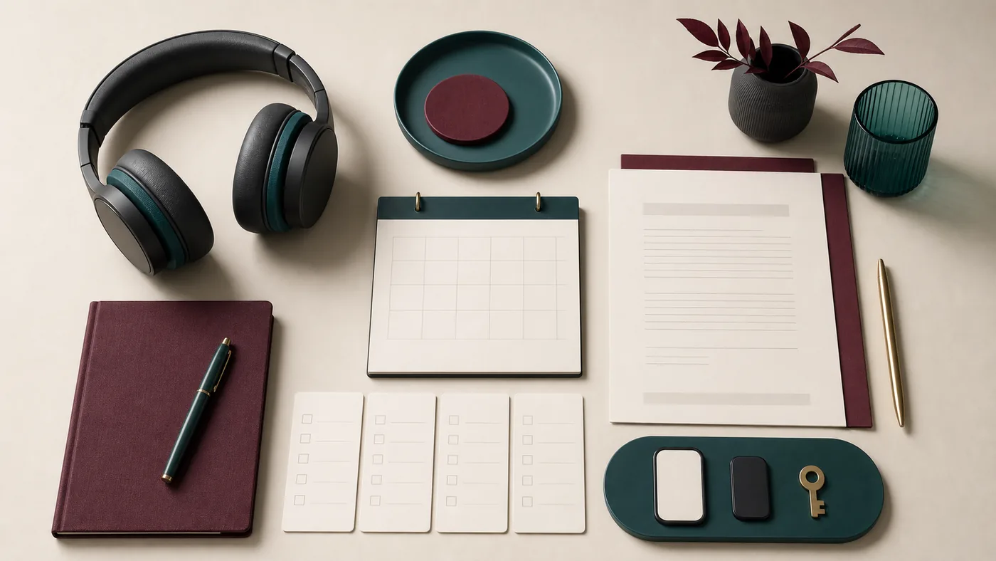 Editorial flat lay of headphones and blank buyer-check cards for reviewing access, schedule, and terms