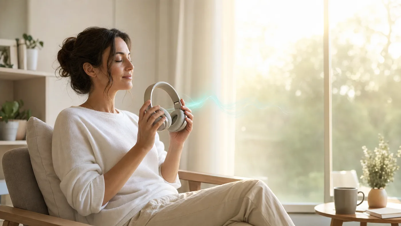Adult reflecting after a calm headphone listening session beside a bright window