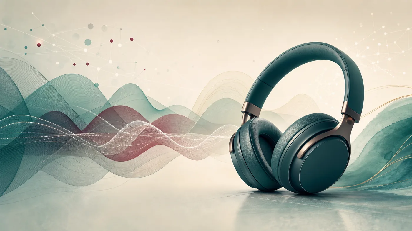Conceptual headphones, layered sound waves, and abstract signal points illustrating the BrainSong audio category